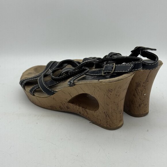Vintage Mudd Sandals Wedges Black/Brown Buckle Faux Leather Open Toe Y2K 90s 7.5 - Picture 6 of 9